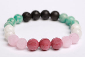 Rhodonite beads + Rose quartz + Amazonite + Moonstone + Lava beads