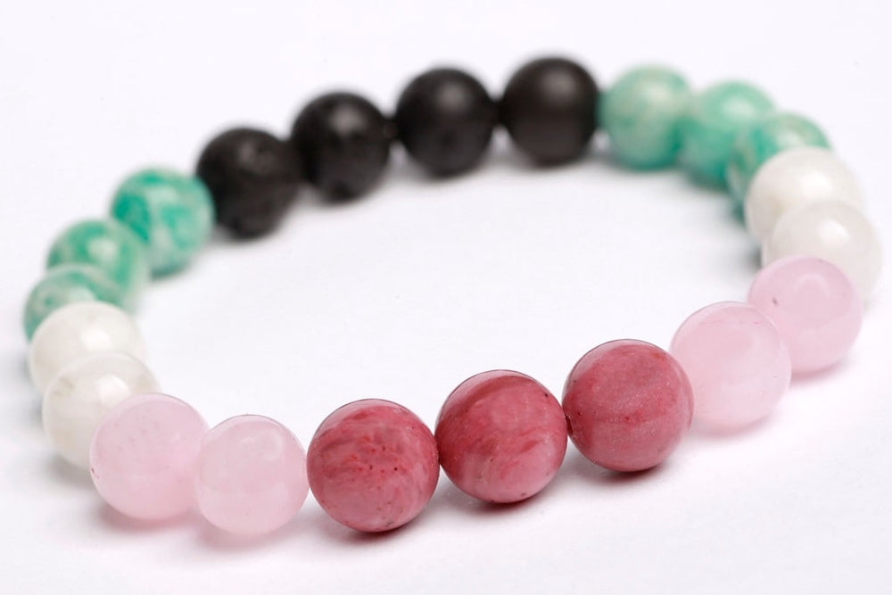 Rhodonite beads + Rose quartz + Amazonite + Moonstone + Lava beads