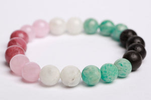 Rhodonite beads + Rose quartz + Amazonite + Moonstone + Lava beads