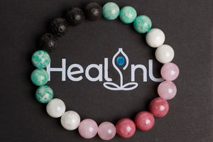 Rhodonite beads + Rose quartz + Amazonite + Moonstone + Lava beads